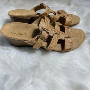 Vionic cork and gold wedge strappy sandals with side buckle & Velcro straps SZ7
